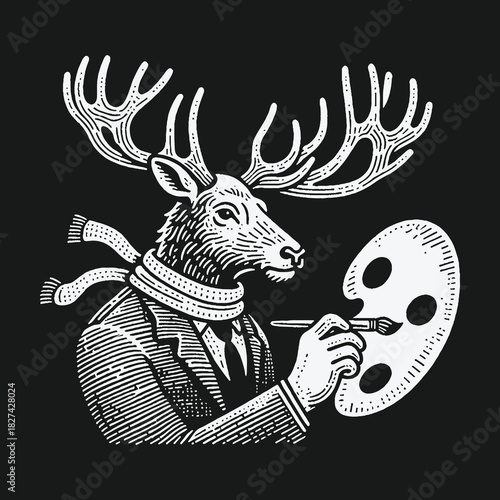 Vintage Engraving of an Anthropomorphic Moose Artist Painting.
