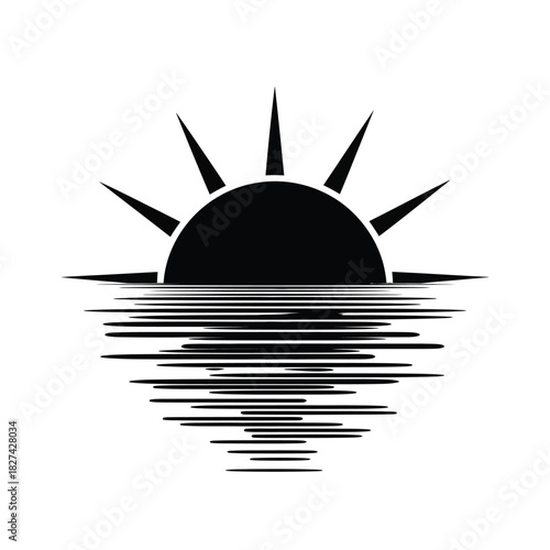 Stylized black sun silhouette rising or setting over water, showing distinct horizontal reflections on the surface, a simple yet powerful graphic icon for dawn, dusk, or tranquil nature themes.