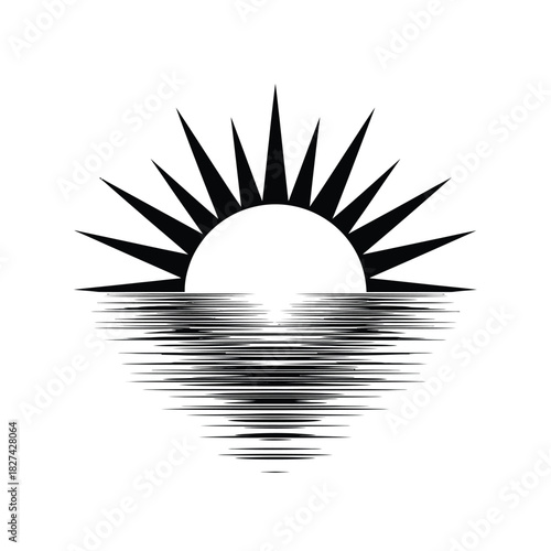 Stylized black and white vector illustration of a sun rising or setting over water with abstract linear reflections, depicting dawn, dusk, new beginnings, hope, or tranquility.