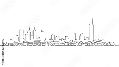 One continuous line art illustration of a cityscape showing the skyline, 2