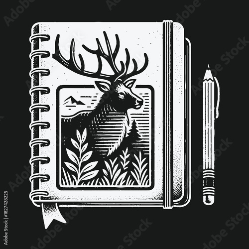 Monochrome deer illustration on a spiral sketchbook with pencil.