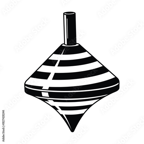 Spinning top classic toy striped black and white graphic illustration isolated on a clean white background, simple vector drawing depicting childhood games and playful motion element.