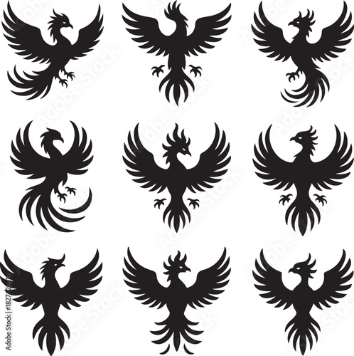 Collection of nine Phoenix birds illustrations in vector format ready to use