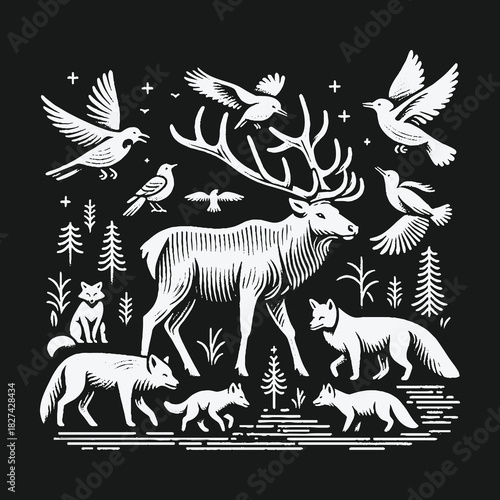 Majestic Deer and Forest Animals in a Folk Art Style Illustration.