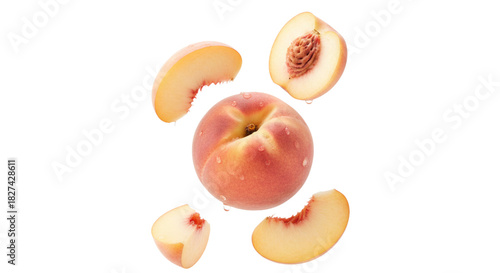 Fresh peach slices and whole peach levitating against white background