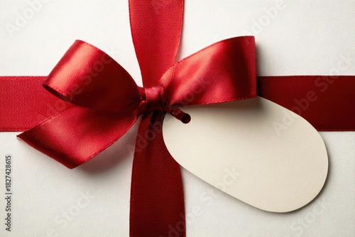 Close up of a white gift box tied with a luxurious red satin ribbon and a blank gift tag for personalization