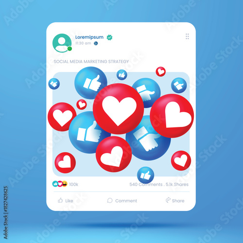 Floating 3D like and love icons in a modern social media post mockup. Ideal for content marketing, engagement, digital campaigns, and online interaction visuals.