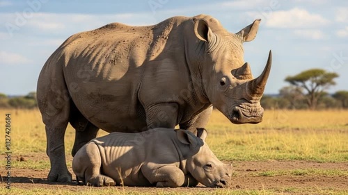 A large adult rhinoceros standing over a lying baby rhino in a grassy savannah with trees