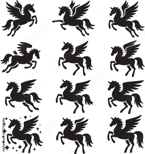 Collection of Pegasus Silhouette Icons Flying Unicorns Vector Graphic Design Art