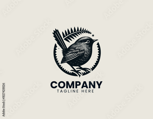 New Zealand rock wren perched proudly on rugged alpine stone in a clean black vector illustration logo