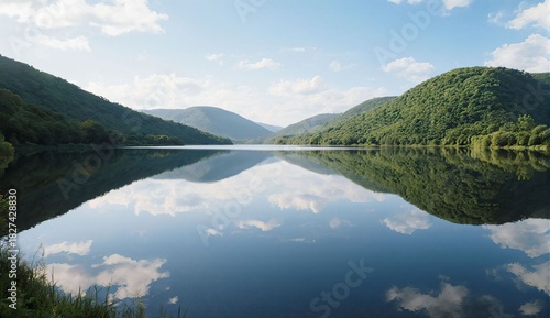 Early-summer lake and green hills - ultra realistic