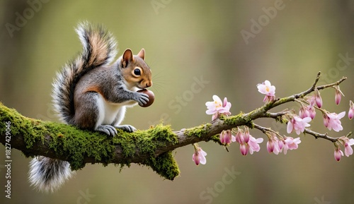 Squirrel on mossy spring branch - ultra realistic