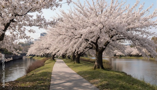 Early blooming cherry blossoms riverside - ultra realistic