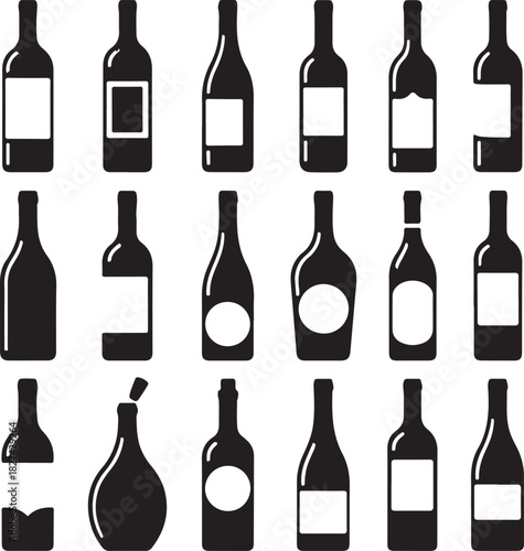 Collection of silhouette wine bottles vector illustration design elements set