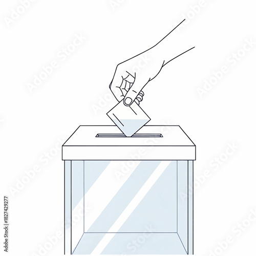 Hand dropping folded ballot into transparent box, simple line art, white clear, election voting secrecy