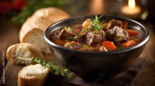 Fototapeta Naklejka Na Ścianę i Meble -  Hearty Beef Stew with Vegetables and Fresh Bread on a Rustic Wooden Table.