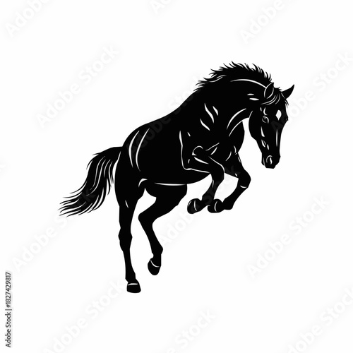 Majestic black horse in dynamic pose showcasing power and elegance.
