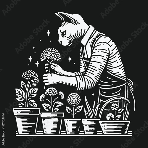Whimsical Sphynx Cat Gardener Tending Potted Flowers Illustration.