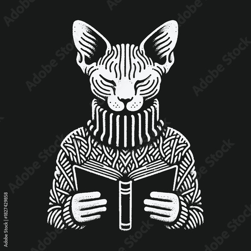 Intellectual Sphynx cat reading a book in a cozy patterned sweater.