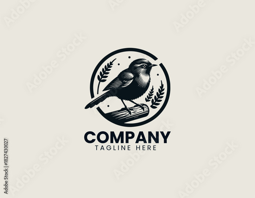 New Zealand rock wren perched proudly on rugged alpine stone in a clean black vector illustration logo