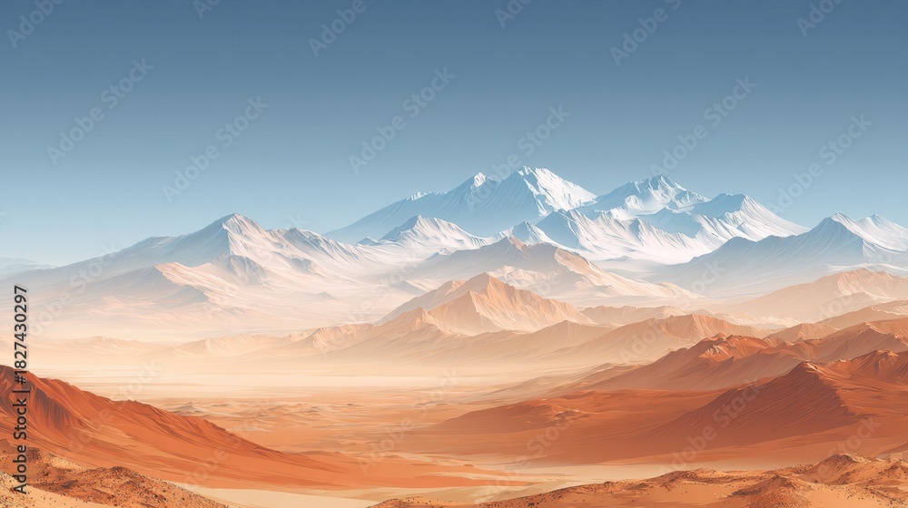 Naklejka premium A vast desert scene showcases towering snow capped mountains in the background under a clear blue sky. The golden sands stretch out beneath creating a stunning contrast.