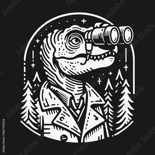 Monochrome T-Rex dinosaur explorer looking through binoculars at night.