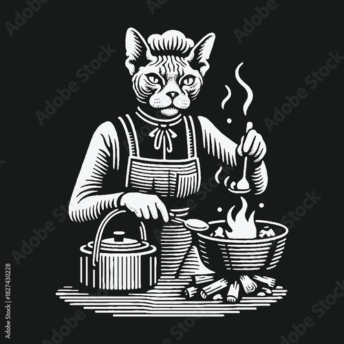 Vintage woodcut style illustration of an anthropomorphic Sphynx cat cooking.
