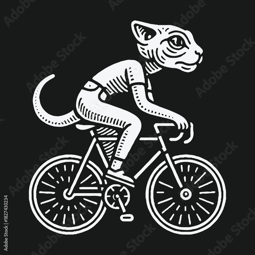 Anthropomorphic cat character riding a bicycle illustration.