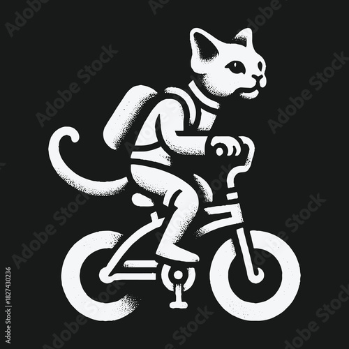 Funny anthropomorphic cat with a backpack riding a bicycle illustration.