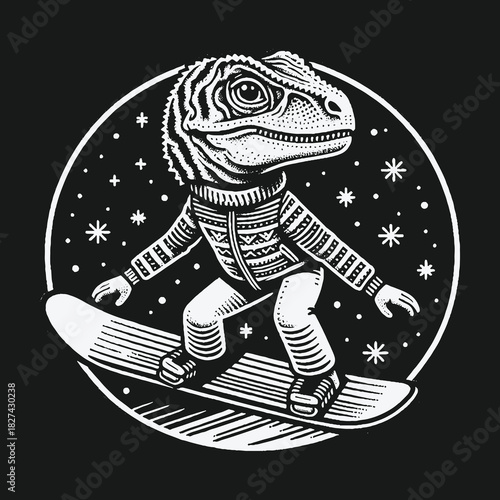 Whimsical T-Rex Dinosaur Snowboarding in a Cozy Winter Sweater.