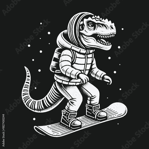 Funny T-Rex Dinosaur Snowboarding in Winter Clothes Illustration.
