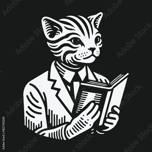 An intelligent anthropomorphic cat wearing a suit and reading a book.