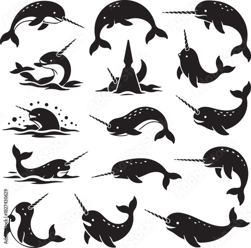 Collection of stylized narwhal silhouettes on a white background vector art