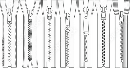 Set of zipper outlines, sewing fasteners, clothing accessories, black line art vector, fashion design elements, isolated on white background.