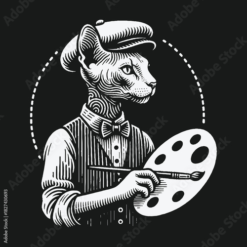 Black and White Linocut of a Dapper Cat Painter.