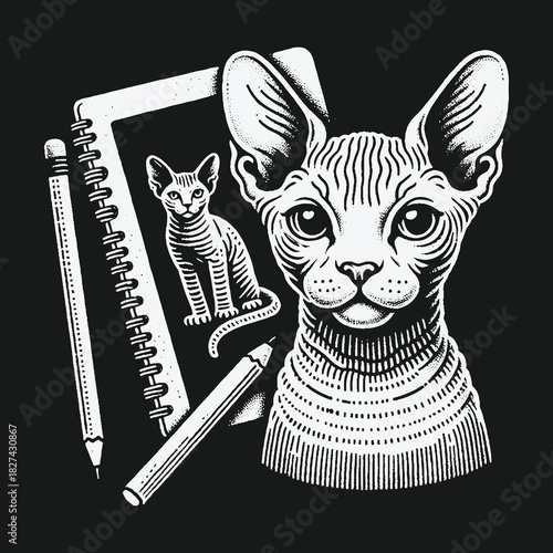 Sphynx cat portrait in a black and white engraving style with a sketchbook and pencils.