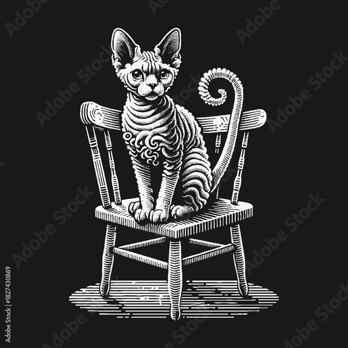 Intricately patterned Sphynx cat sitting on a wooden chair illustration.