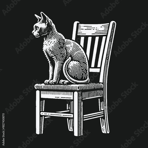 Vintage engraving style illustration of a cat sitting on a wooden chair.
