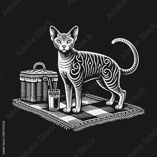 Vintage black and white engraving of a patterned Sphynx cat.