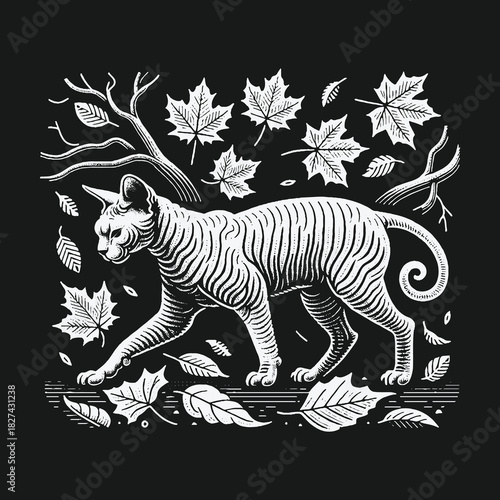 Monochrome woodcut illustration of a striped Sphynx cat walking in autumn.