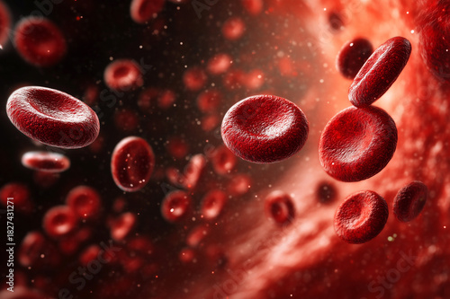 Red blood cells erythrocytes moving through a vein close-up.