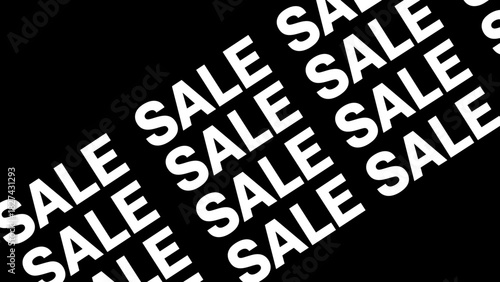 Bold sale text repeated diagonally in a high-contrast black and white layout.
