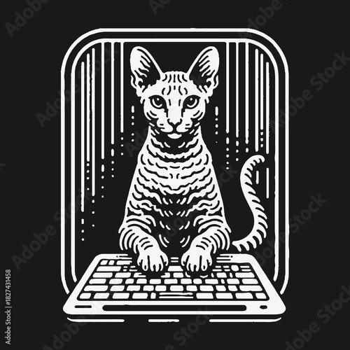 Monochrome graphic illustration of a Sphynx cat on a laptop keyboard.
