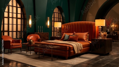 Rich texture bedroom with matte orange bed frame, dark green sculpted wall panels, ceramic lamps, and abstract-shaped leather lobby sofas, wide full-frame shot 
