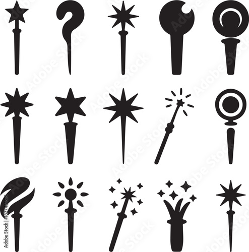Collection of varied magic wands silhouettes for creative illustrations and designs