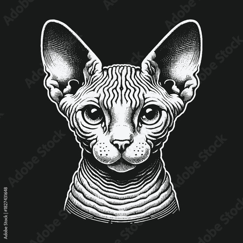Monochrome Sphynx Cat Portrait Illustration on Black Background.