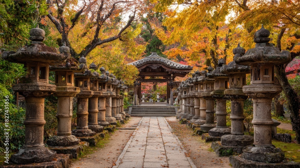 Obraz premium A tranquil pathway appears in a Japanese garden filled with vibrant autumn foliage. Stone lanterns line the path guiding visitors towards a wooden gate in the distance.