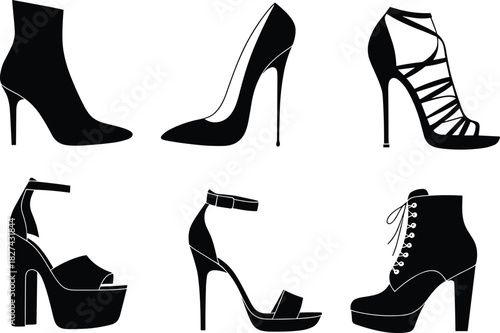Set of women's high heel silhouettes, fashion boots, sandals and pumps, black vector shoe icons, isolated on white background.