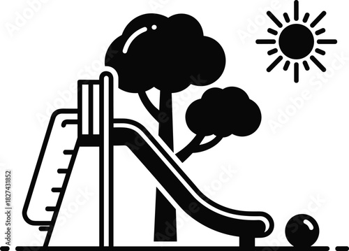 Children playing park playground equipment slide silhouette, outdoor fun under summer sun, tree shade, recreational activity for kids, black and white vector illustration, happy childhood. [24 words]
