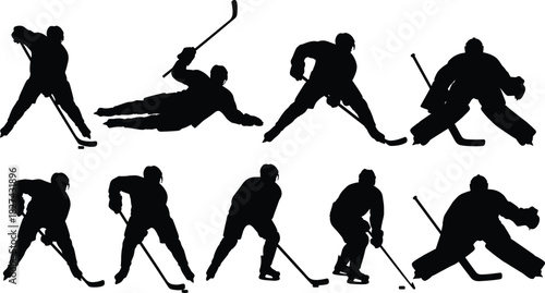 Ice hockey player silhouette collection showing dynamic skating, shooting, defending, and goalie actions, professional sports vector illustration for athletic competition, training, and game design
